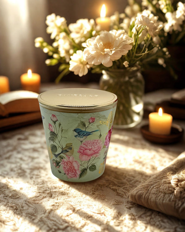 Decorative candle with floral design on a textured surface with candles and flowers in the background